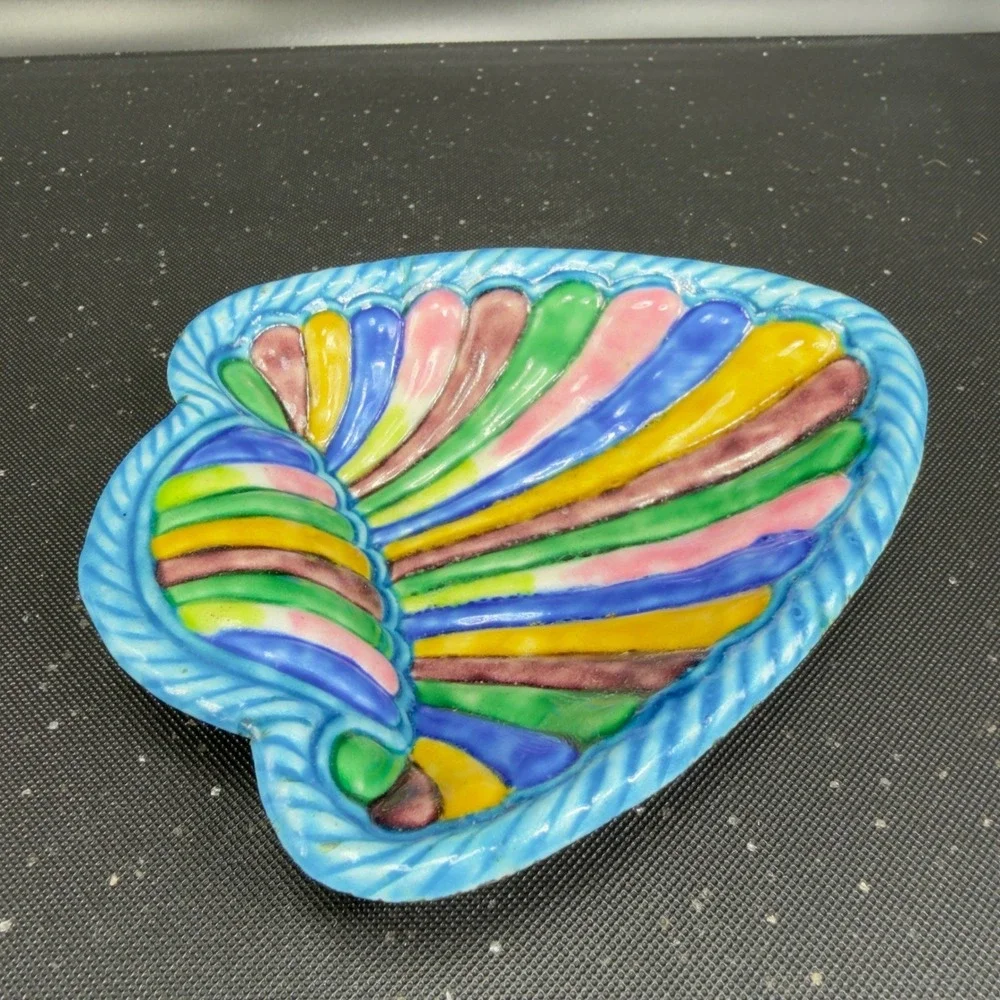 Vintage Enameled Metal Seashell Trinket Dish Multi Color Scallop Shell Tray Dish
